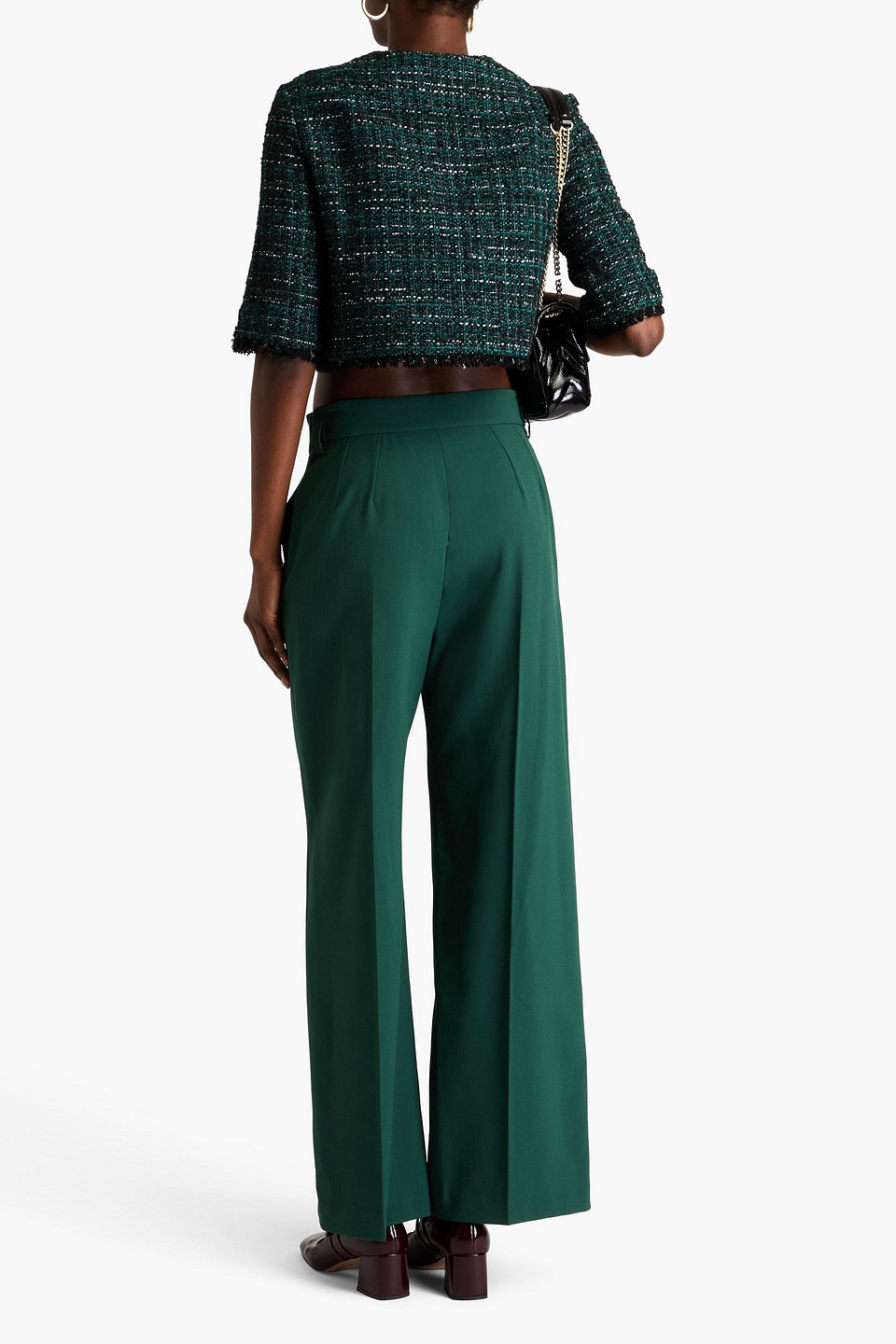 Maje Cropped Tweed Jacket In Forest Green
