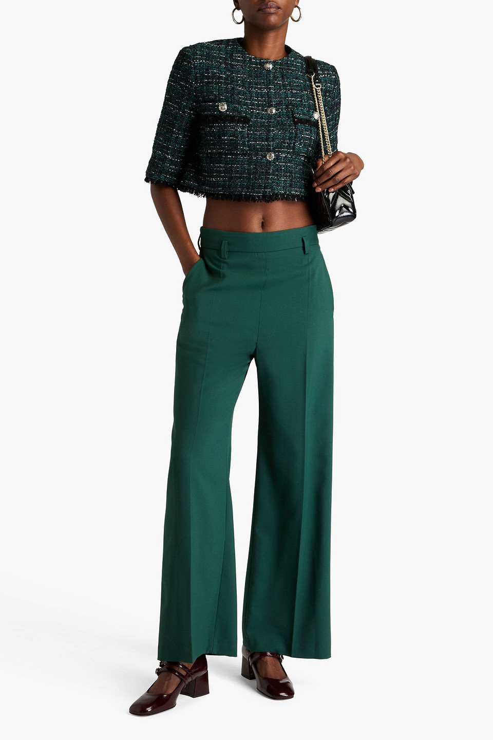 Maje Cropped Tweed Jacket In Forest Green