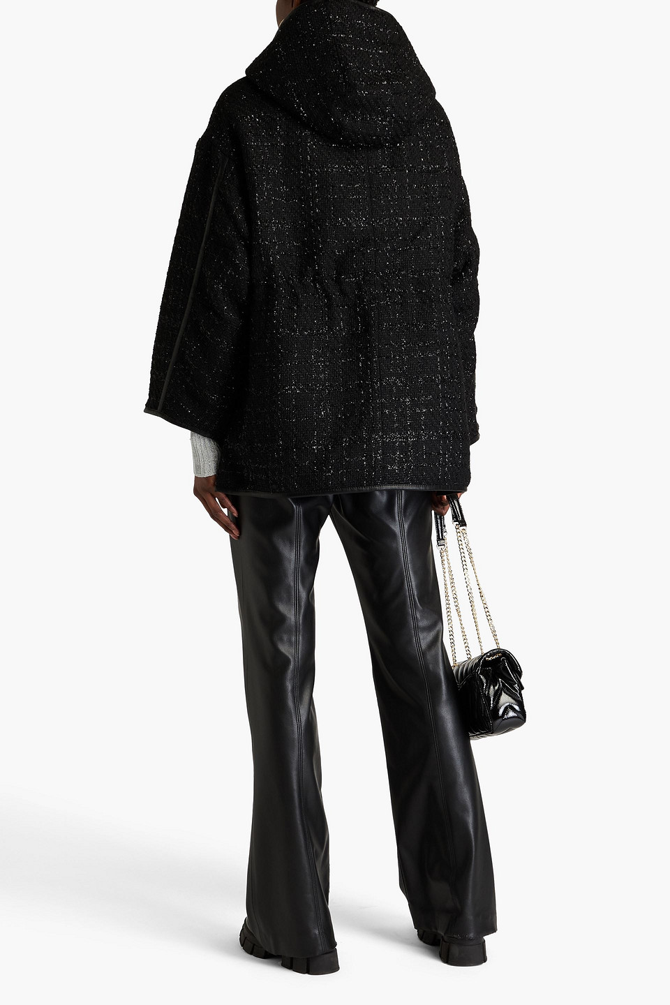 MAJE REVERSIBLE METALLIC BOUCLÉ-TWEED AND SHELL HOODED JACKET