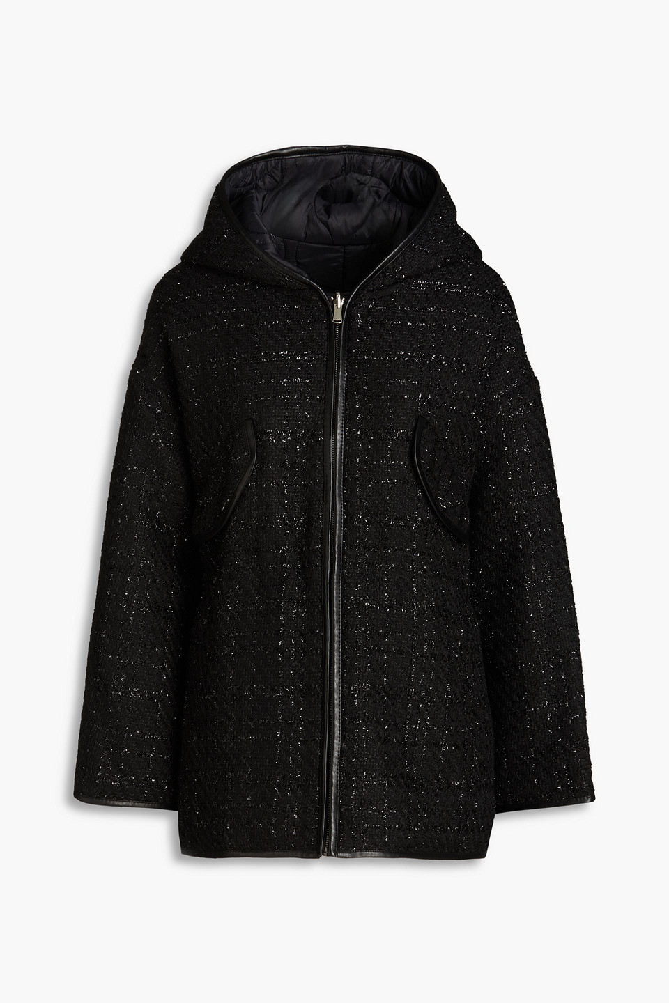 Maje Reversible Metallic Bouclé-tweed And Shell Hooded Jacket In Black