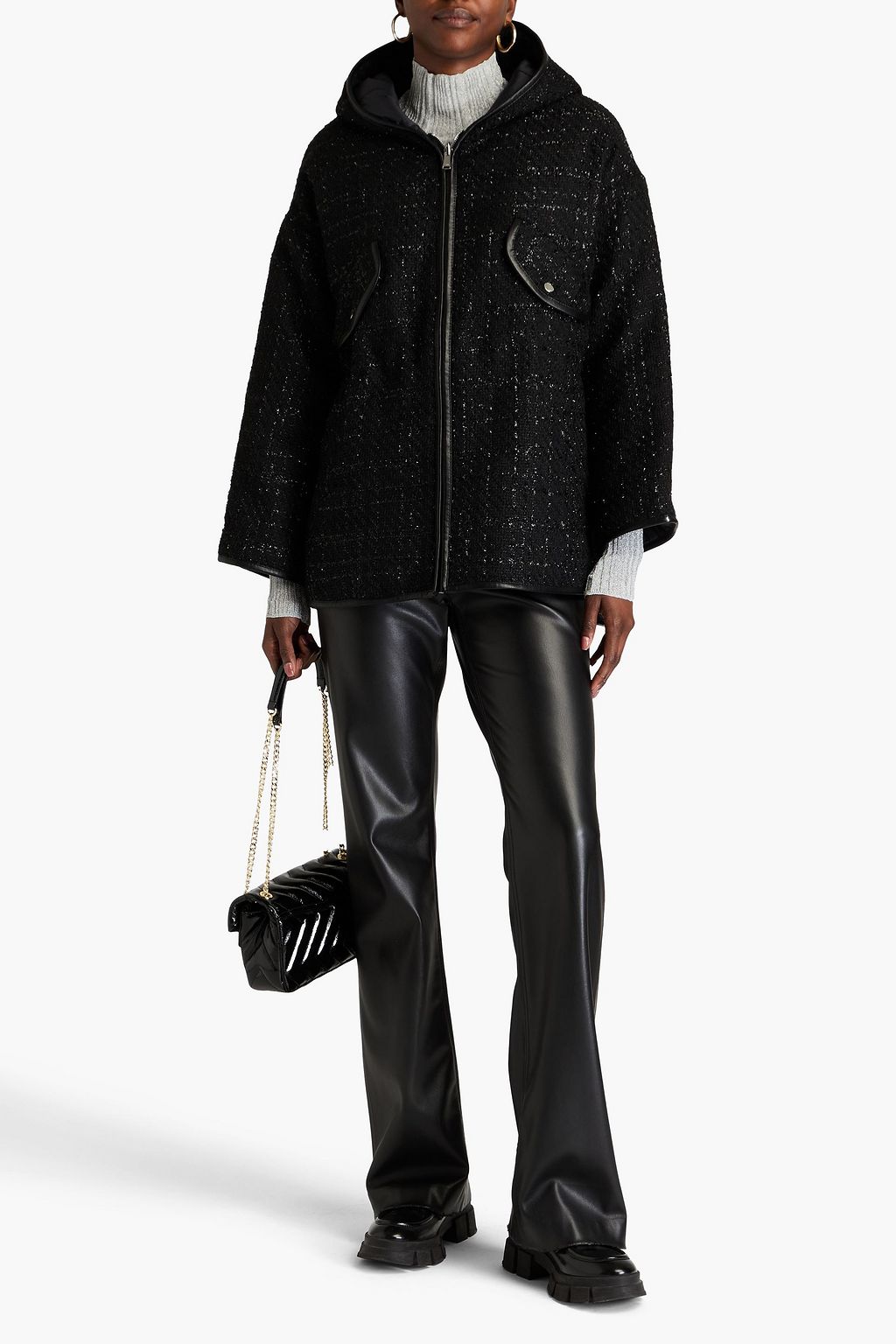 MAJE Reversible metallic bouclé-tweed and shell hooded jacket