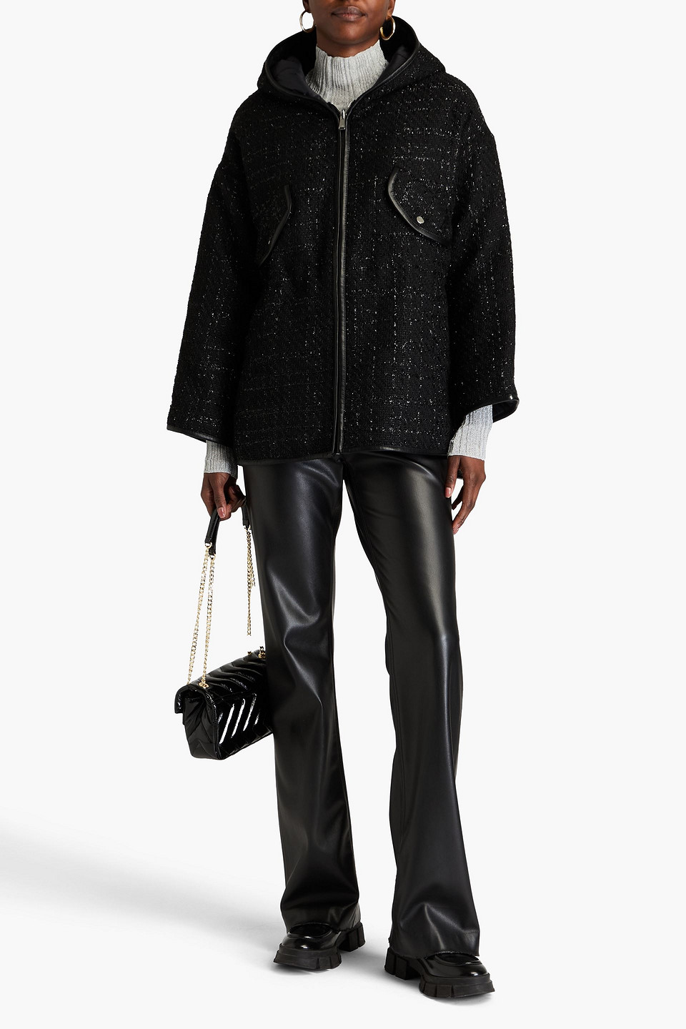 MAJE REVERSIBLE METALLIC BOUCLÉ-TWEED AND SHELL HOODED JACKET