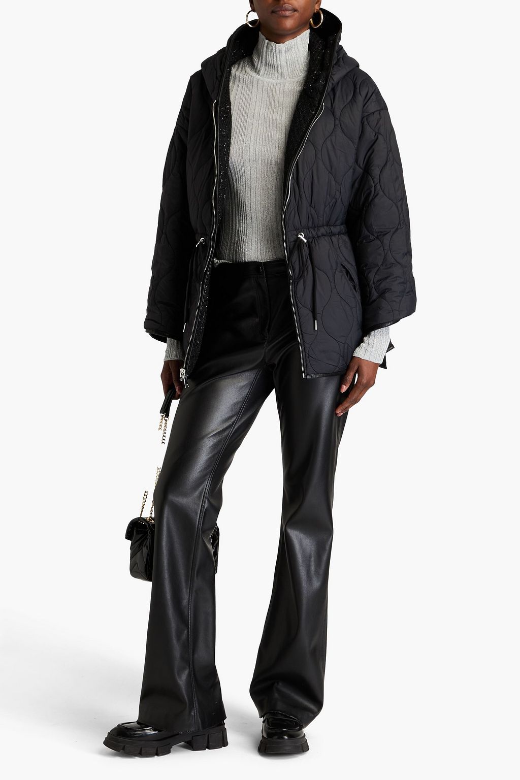 MAJE Reversible metallic bouclé-tweed and shell hooded jacket