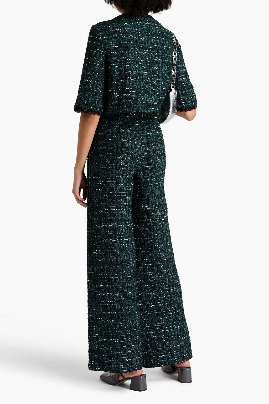 MAJE Belted metallic bouclé-tweed wide-leg pants