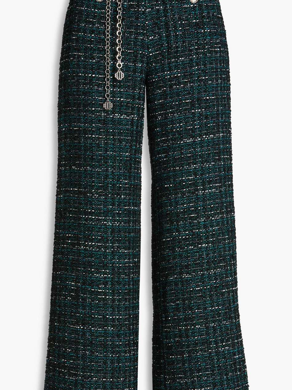 belted metallic bouclé-tweed wide-leg pants