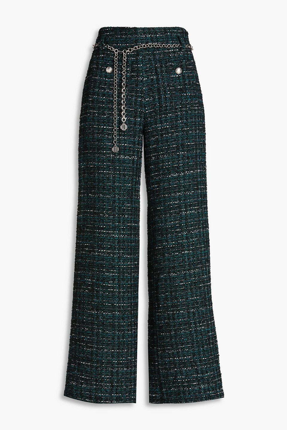 Maje Belted Metallic Bouclé-tweed Wide-leg Pants In Forest Green