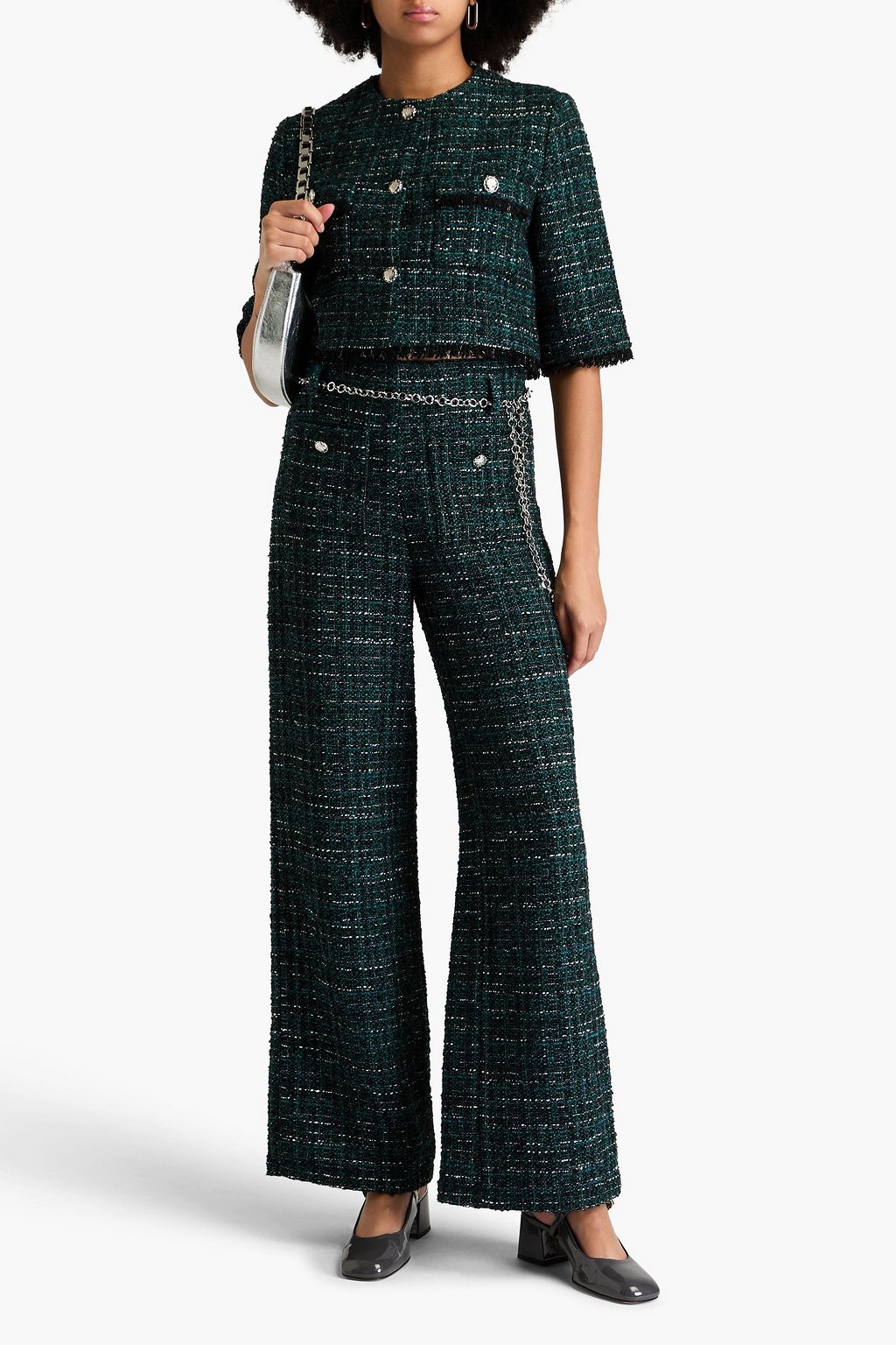 MAJE Belted metallic bouclé-tweed wide-leg pants | THE OUTNET