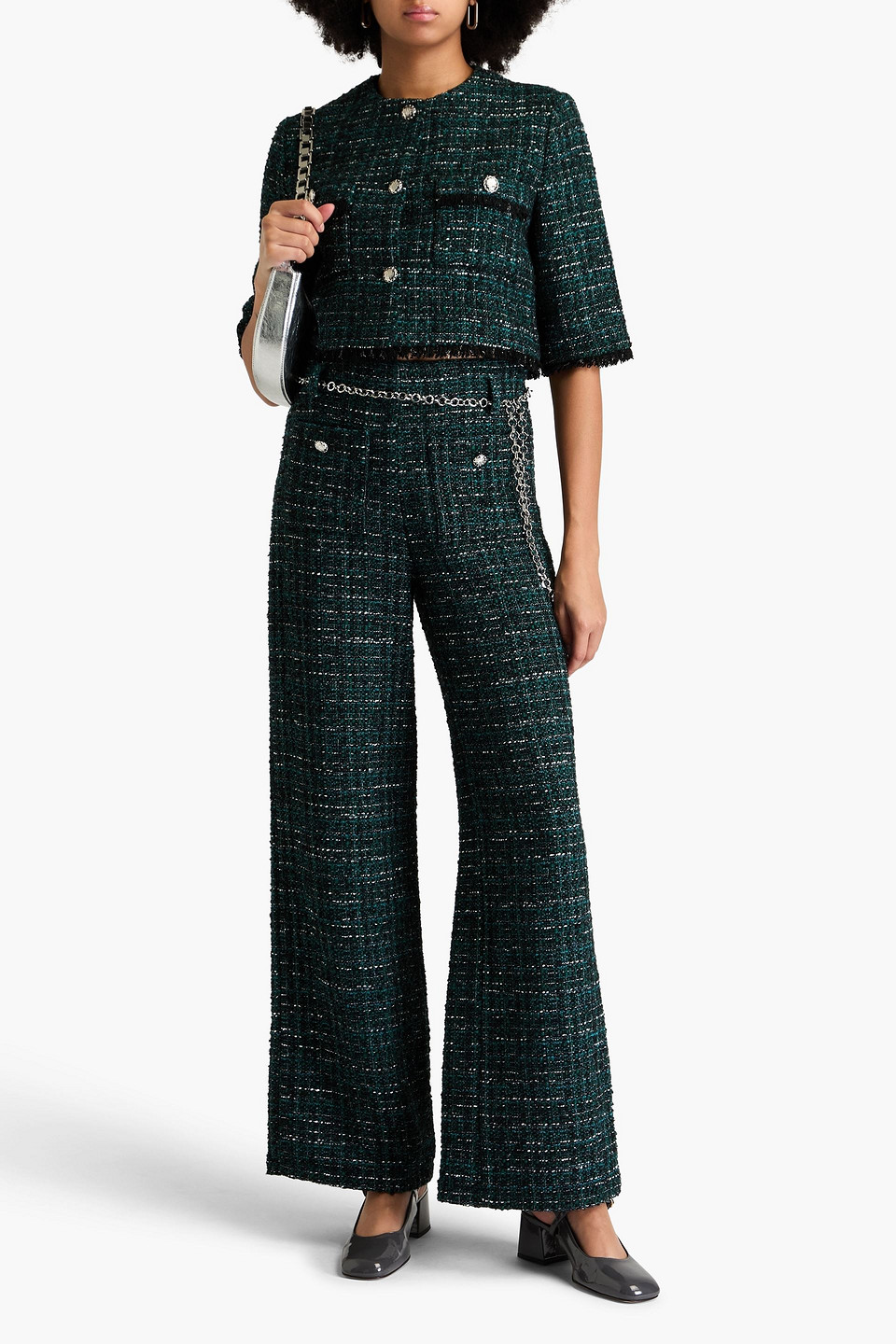 Maje Belted Metallic Bouclé-tweed Wide-leg Pants In Forest Green