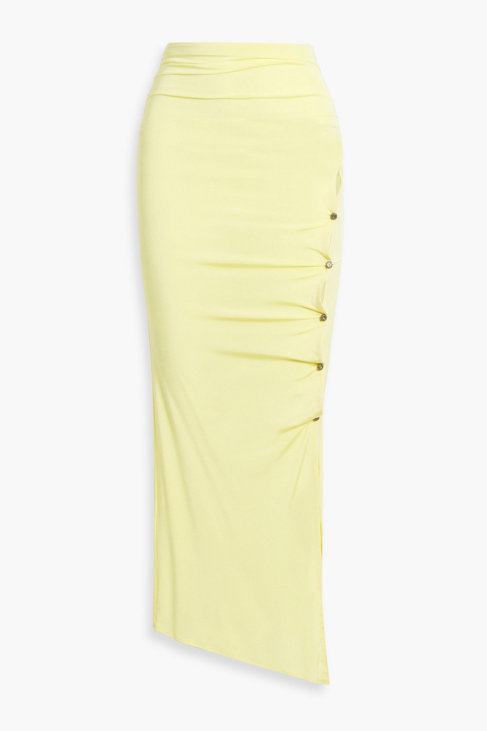 Acne Studios Embellished Ruched Cutout Stretch-jersey Midi Skirt In Pastel Yellow