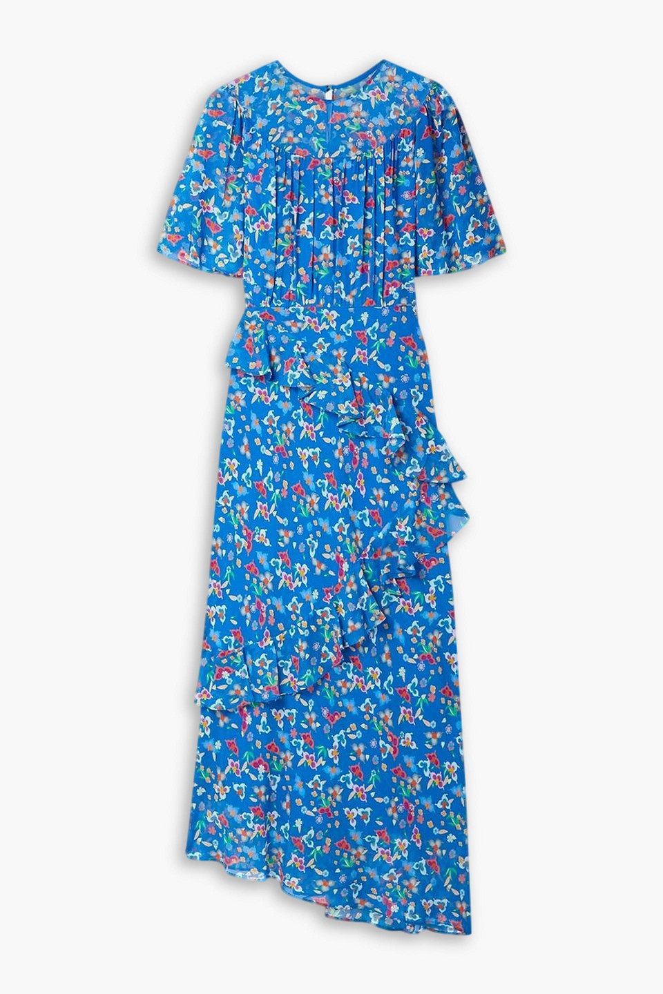 Saloni Vida-b Ruffled Floral-print Silk-chiffon Maxi Dress In Cobalt Blue