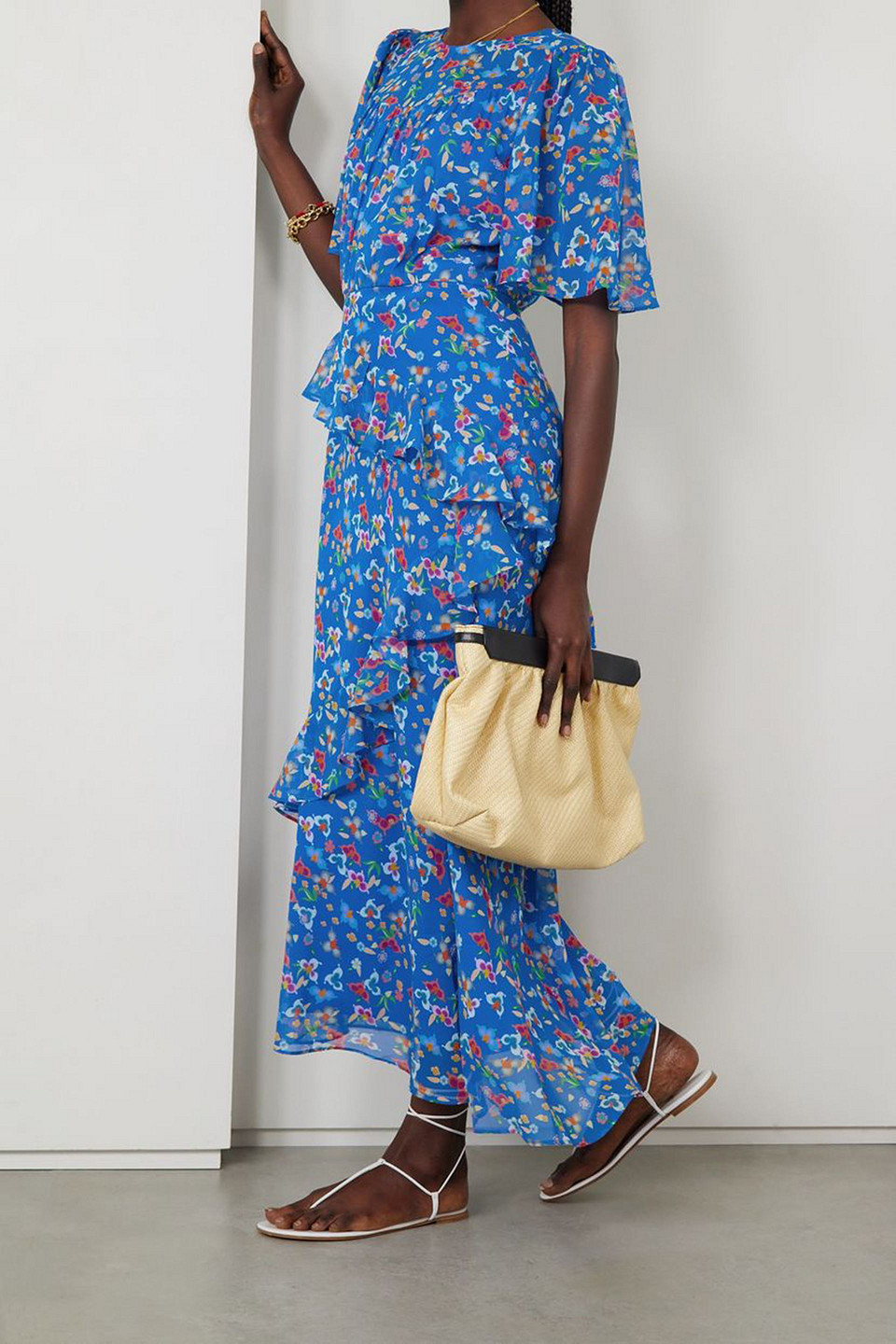 Saloni Vida-b Ruffled Floral-print Silk-chiffon Maxi Dress In Cobalt Blue