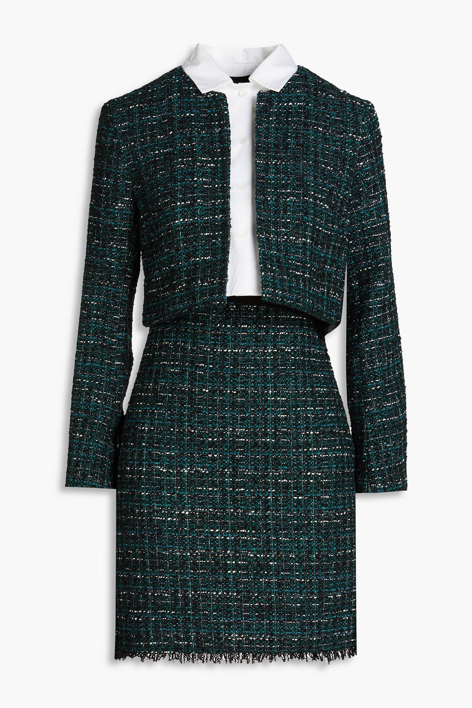 green emerald velvet dress Maje Green Stretch Metallic Boucl-tweed Mini Dress And Jacket Set Fr34 UK  6
