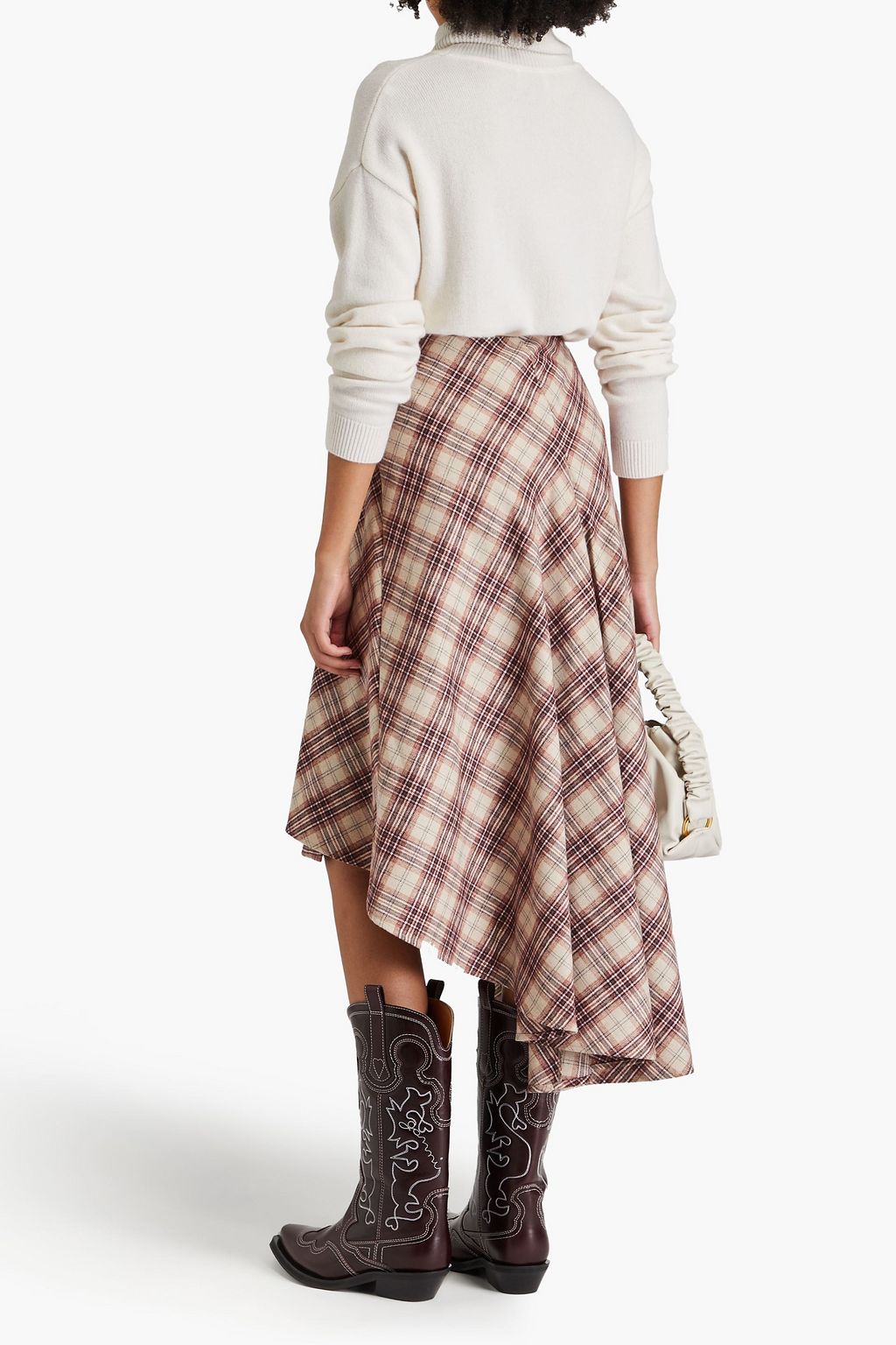 MAJE Asymmetric wrap-effect checked tweed midi skirt
