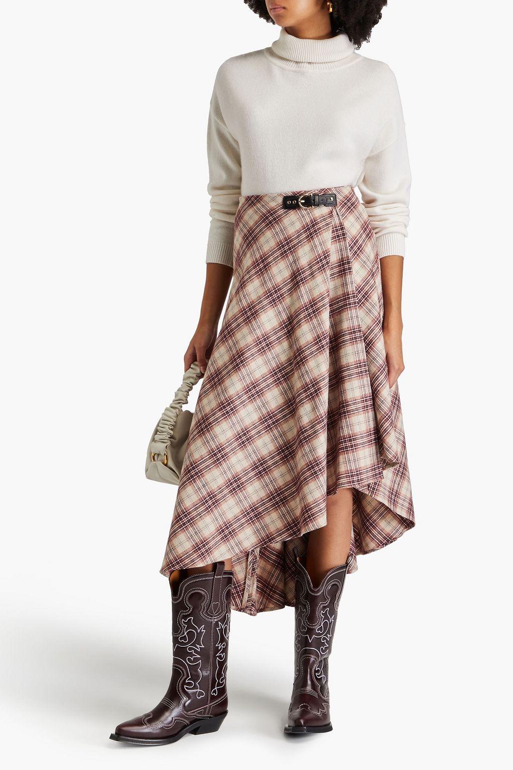 MAJE Asymmetric wrap-effect checked tweed midi skirt