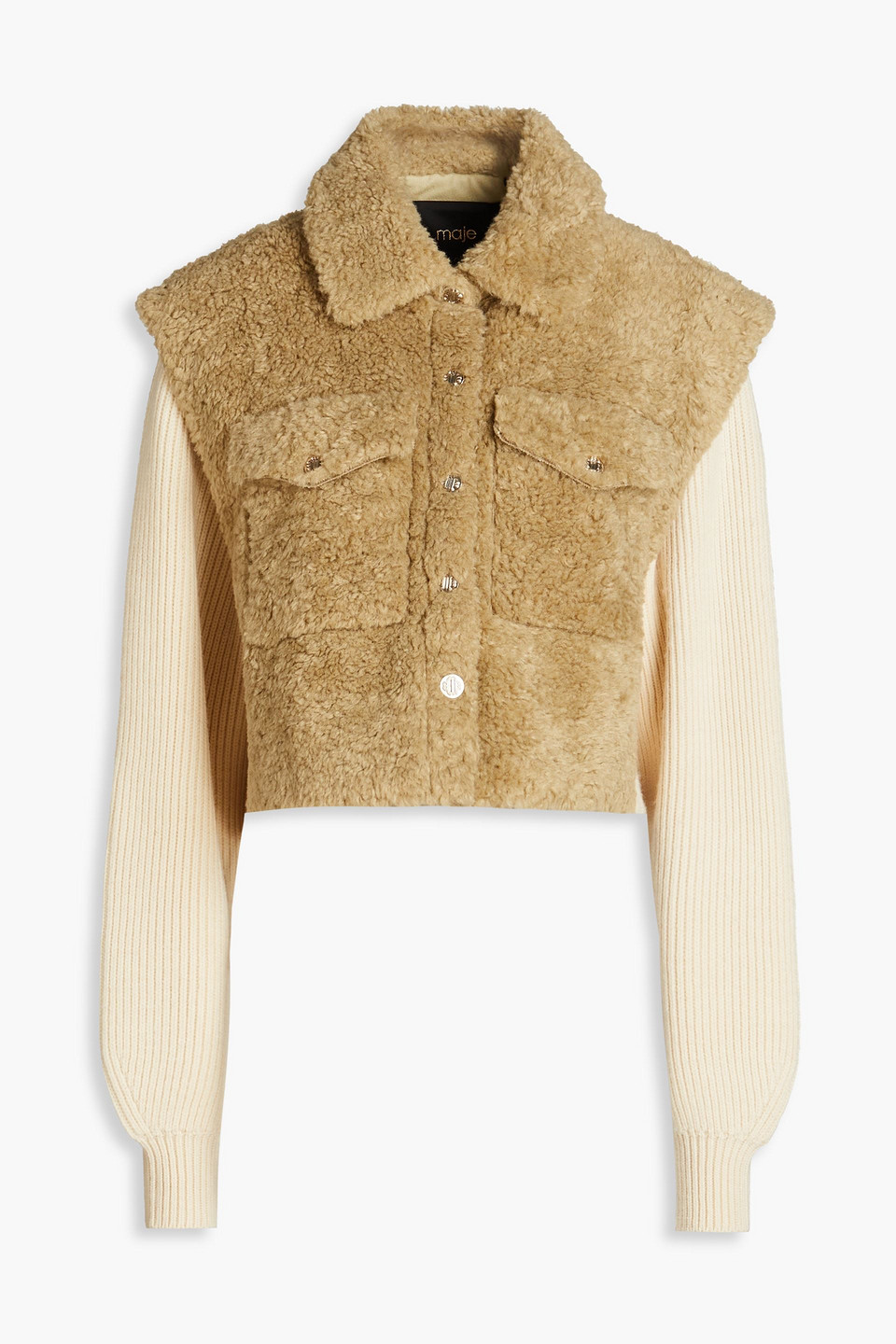 Maje Knit-paneled Faux Fur Jacket In Army Green