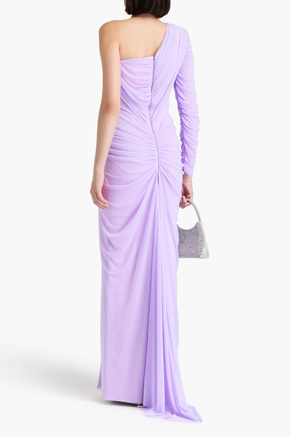 Rhea Costa One-shoulder Ruched Stretch-mesh Gown In Lavender