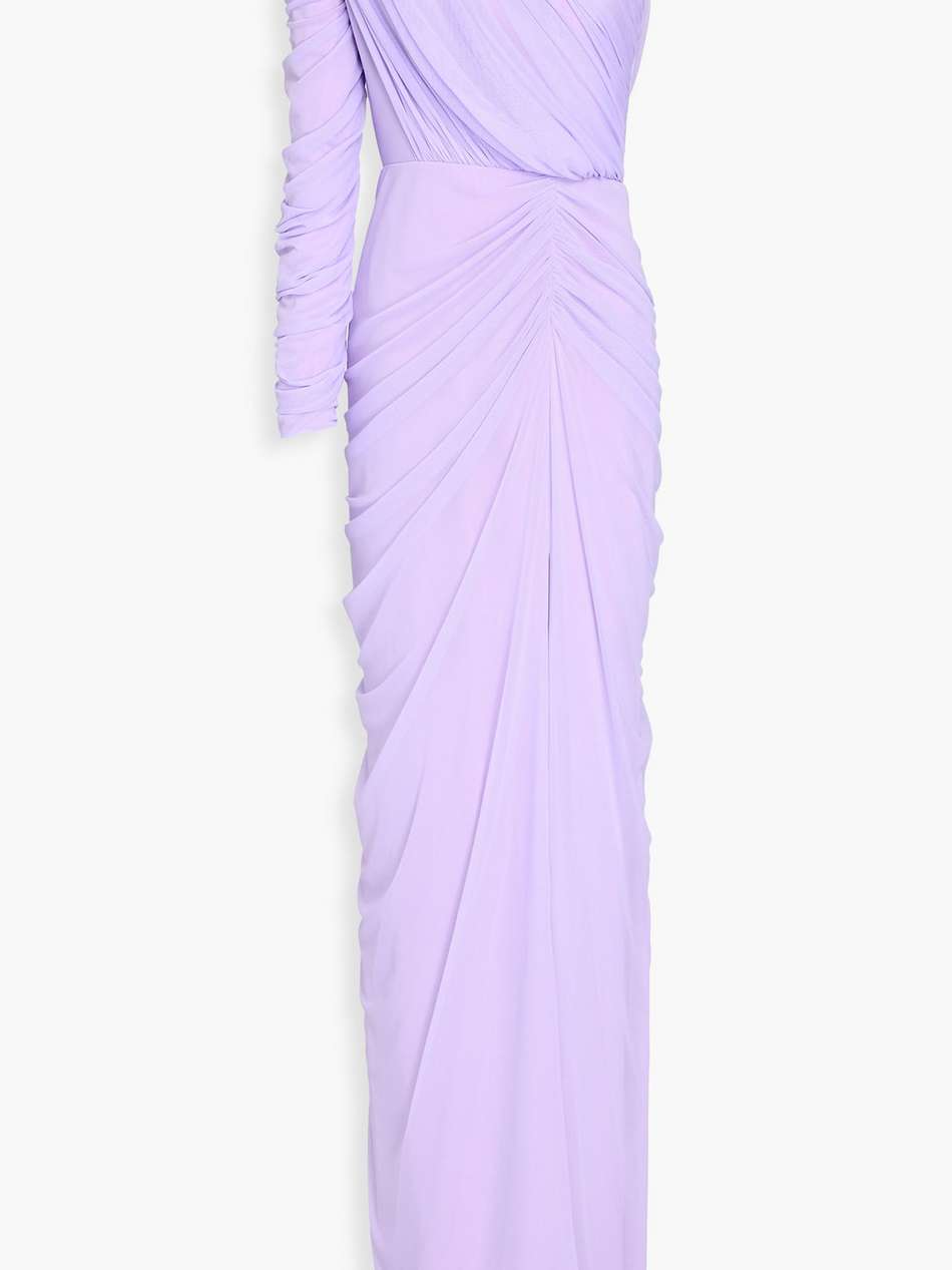 one-sleeve ruched tulle gown