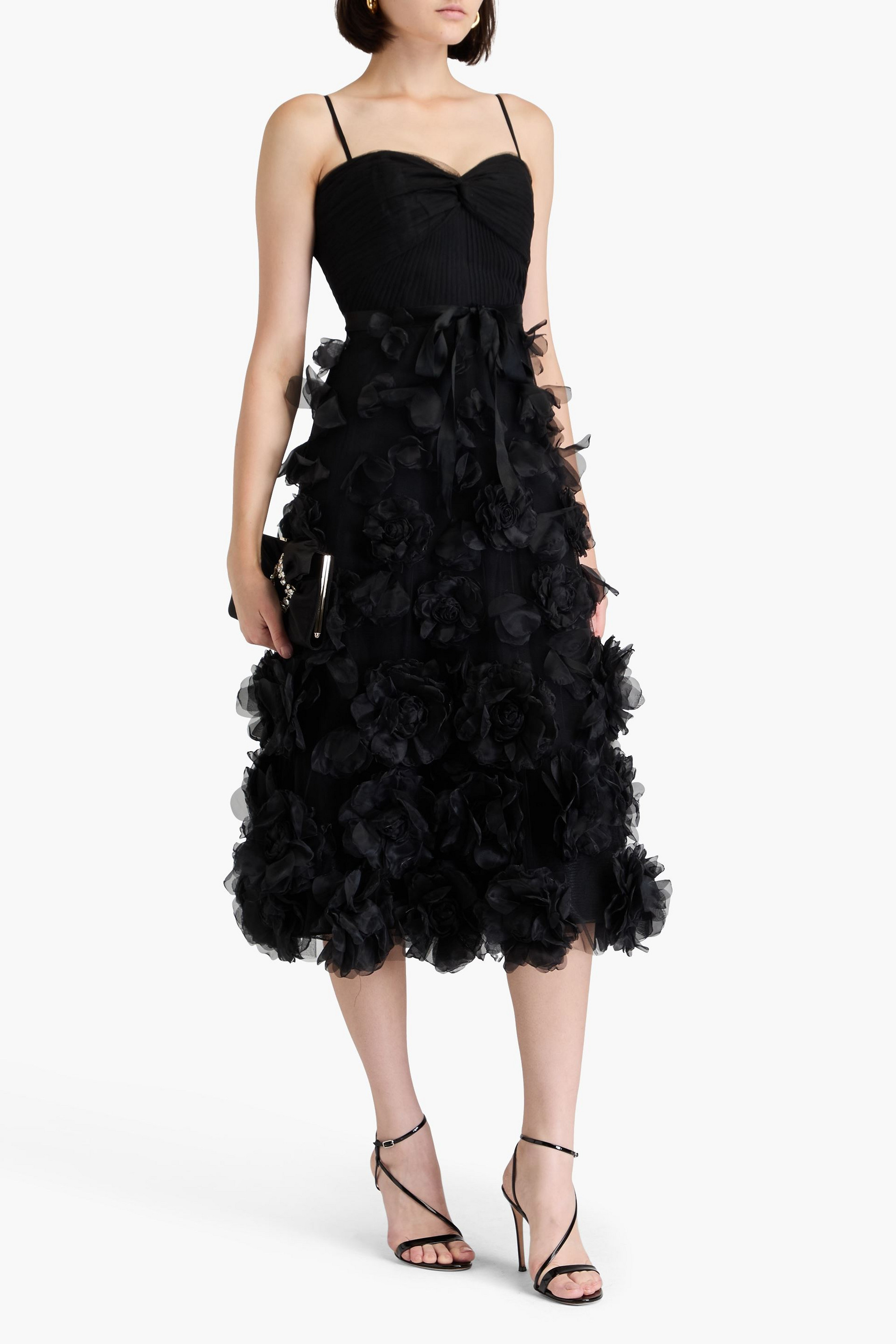 MARCHESA NOTTE Appliquéd organza and tulle midi dress