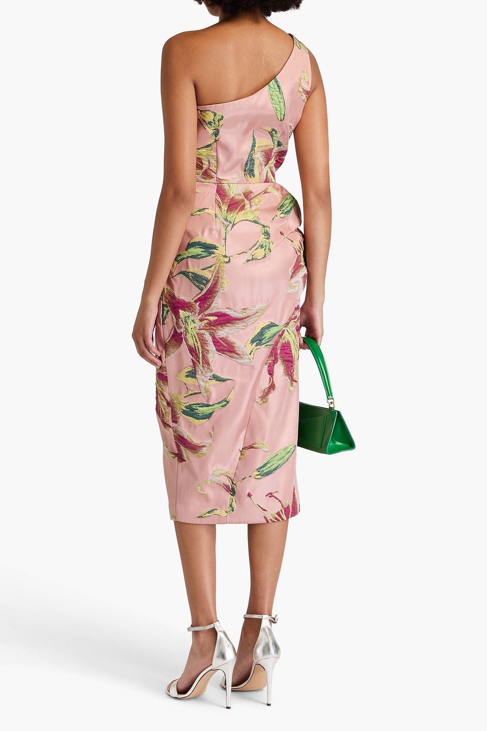 Marchesa Notte Draped One-shoulder Floral Jacquard Midi Dress In Blush