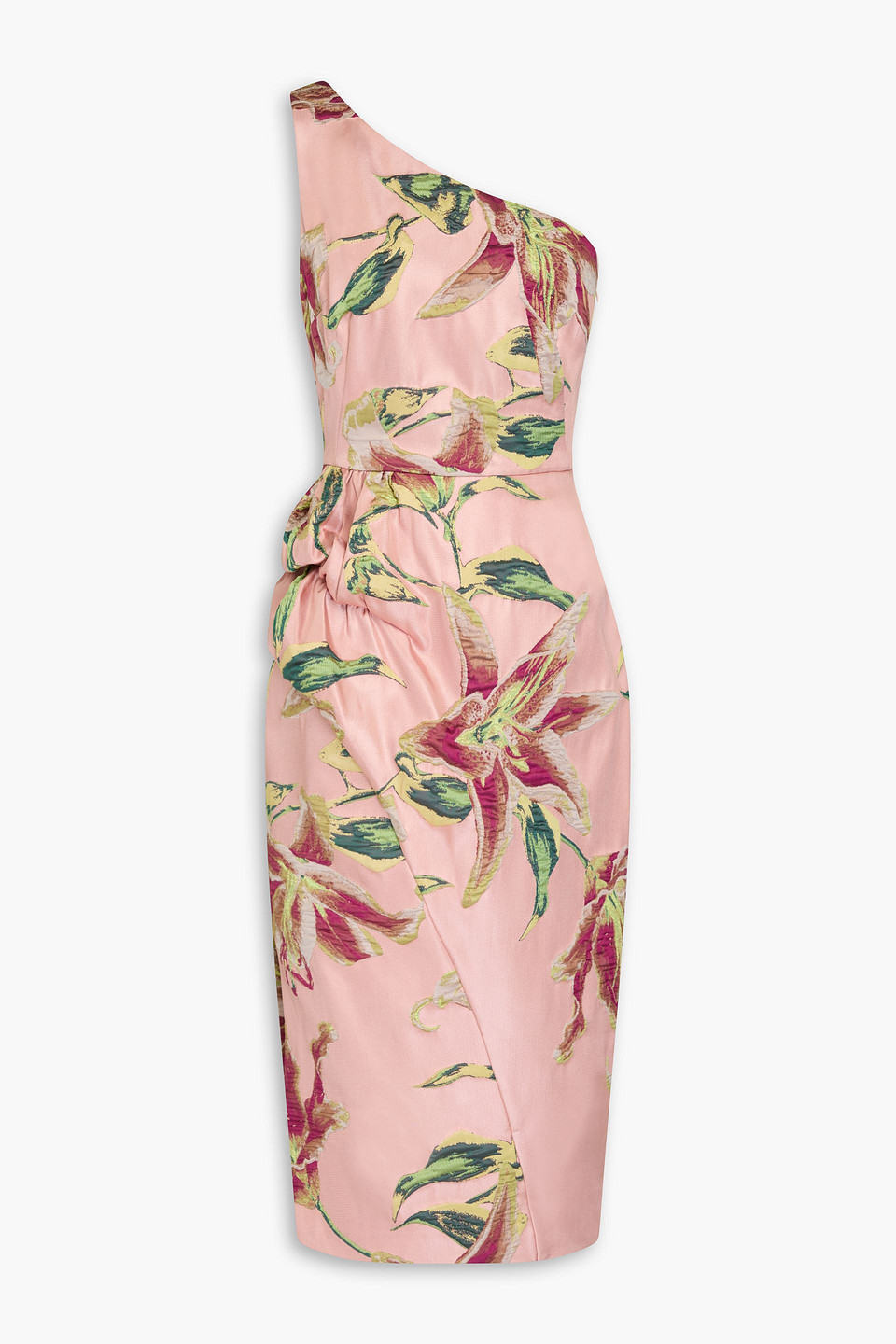 Marchesa Notte Draped One-shoulder Floral Jacquard Midi Dress In Blush