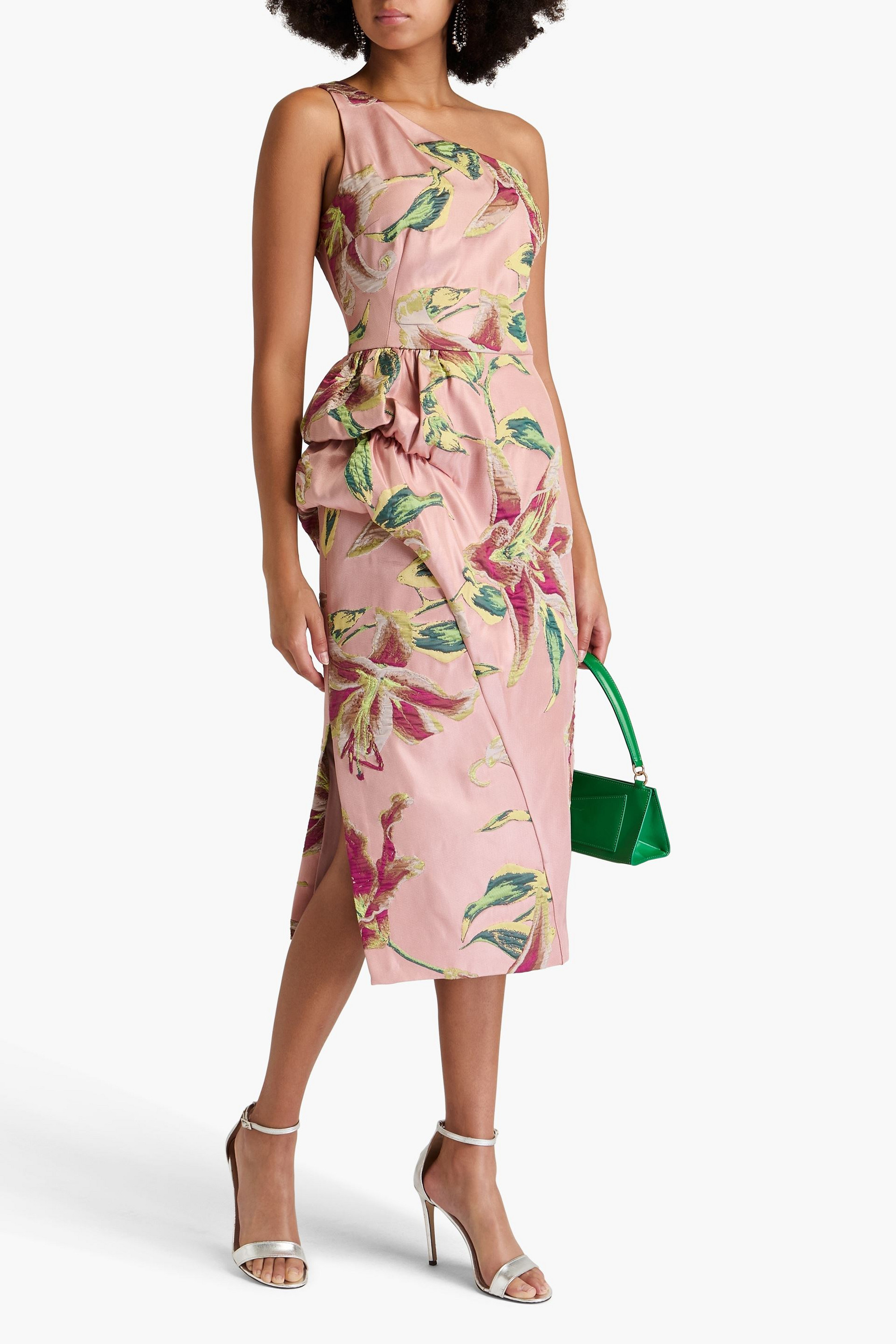 MARCHESA NOTTE One-shoulder draped floral-jacquard midi dress
