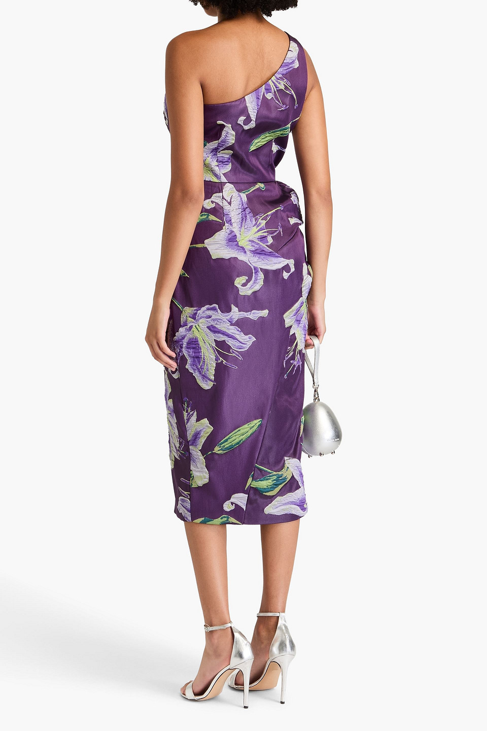 Marchesa Notte One Shoulder Drape Midi Dress In Purple