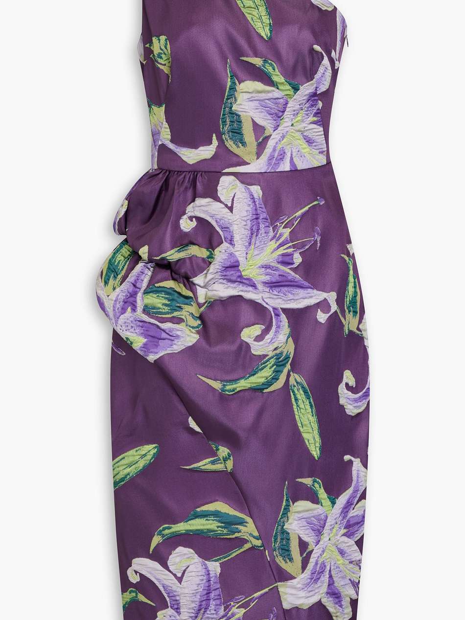 one-shoulder draped floral-jacquard midi dress