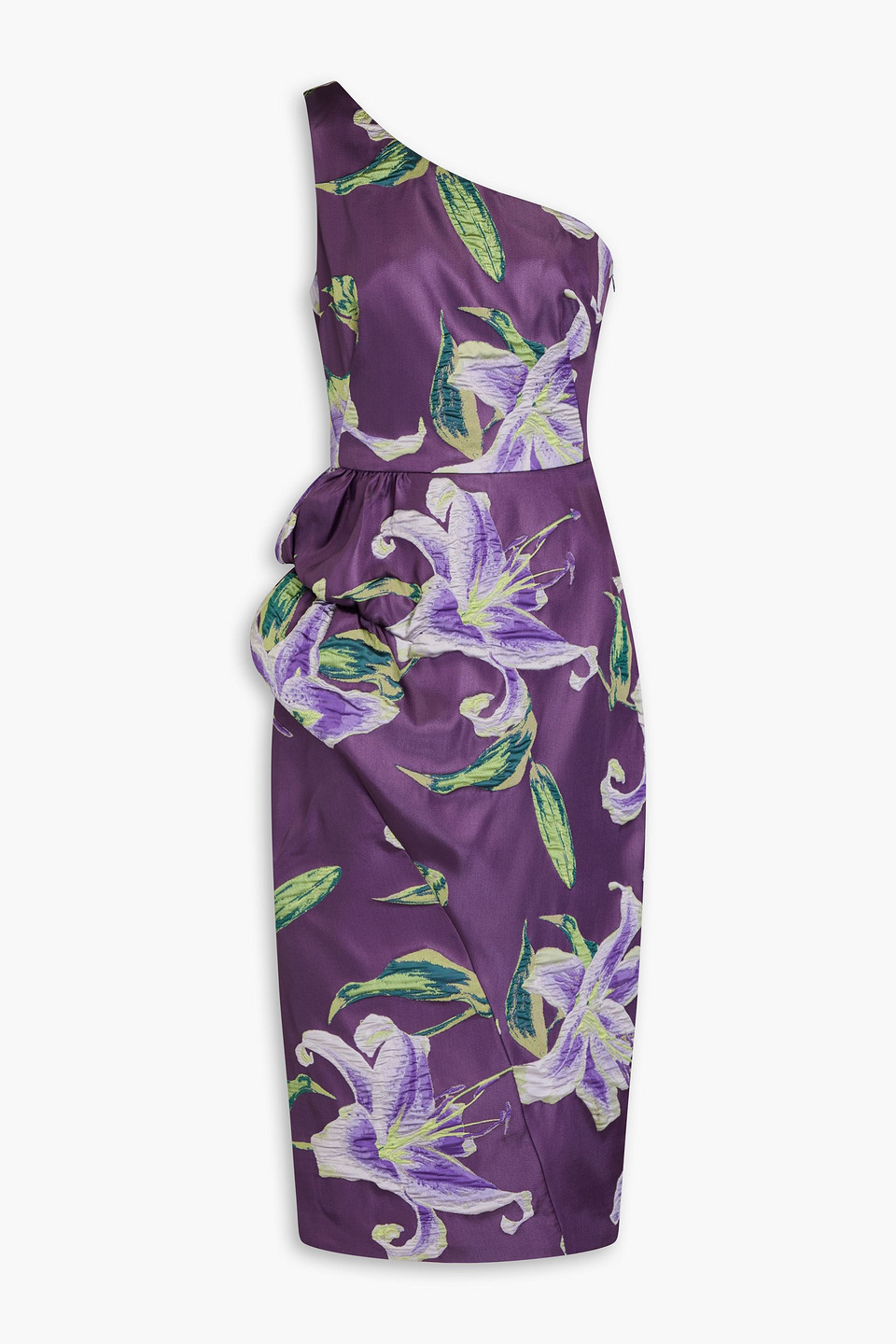 Marchesa Notte One Shoulder Drape Midi Dress In Purple