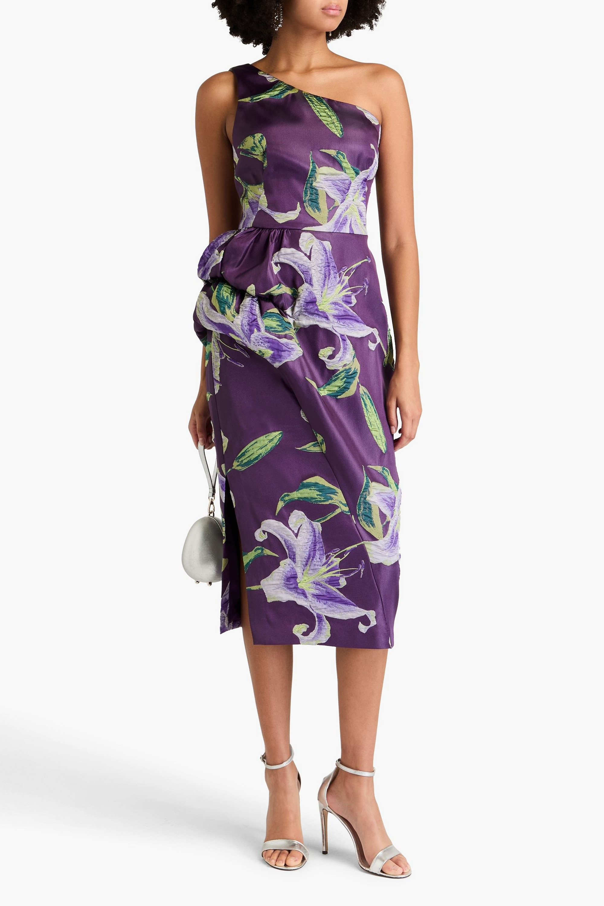 MARCHESA NOTTE One-shoulder draped floral-jacquard midi dress