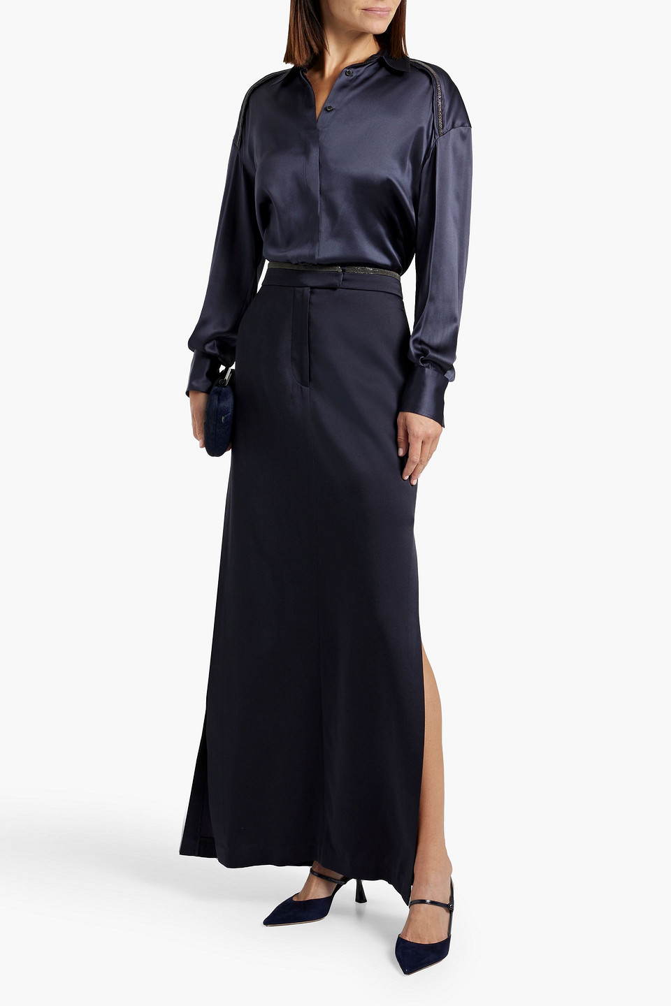 BRUNELLO CUCINELLI BEAD-EMBELLISHED SATIN-CREPE MAXI SKIRT