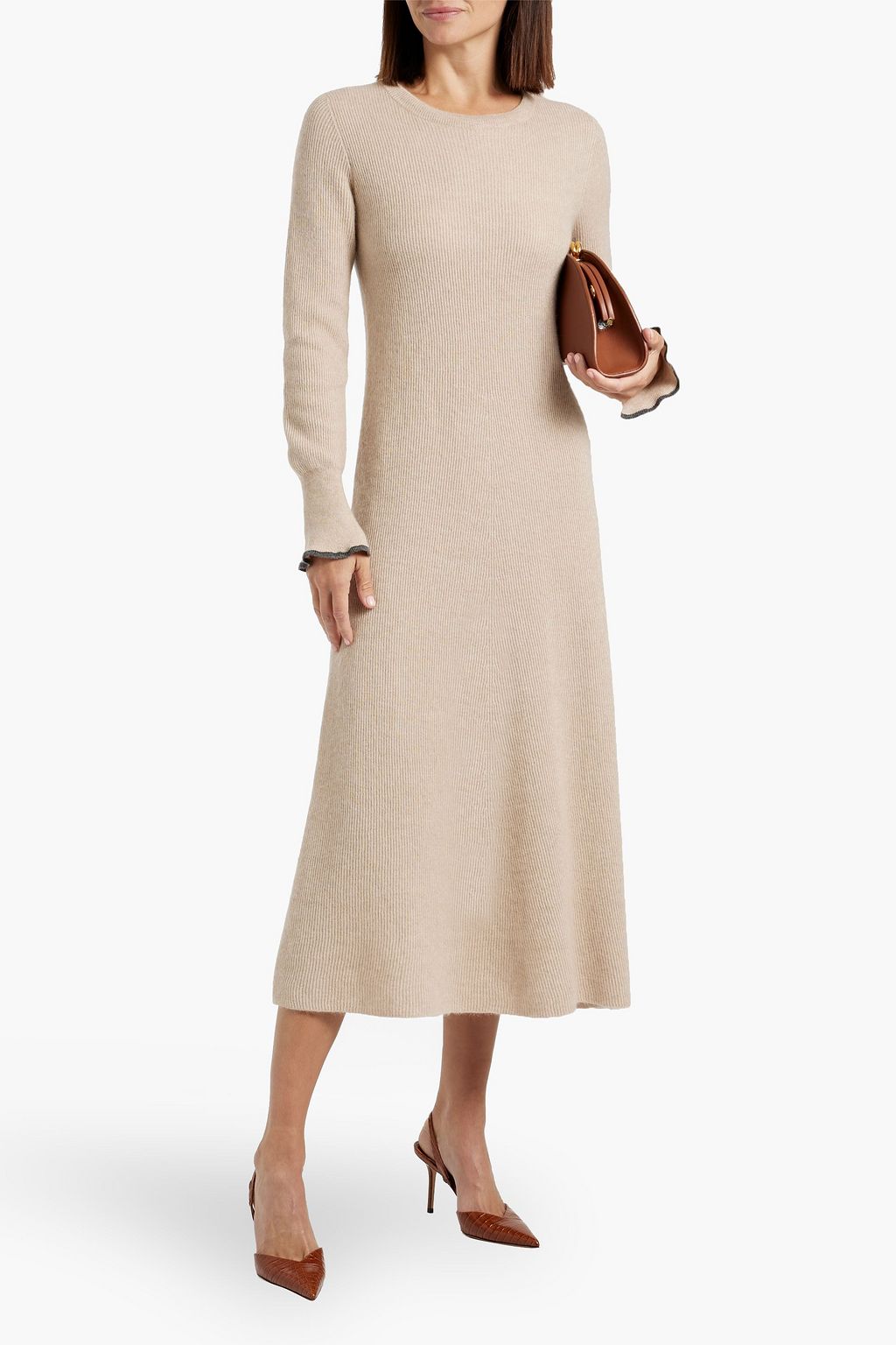 BRUNELLO CUCINELLI Bead-embellished ribbed alpaca and cotton-blend midi dress