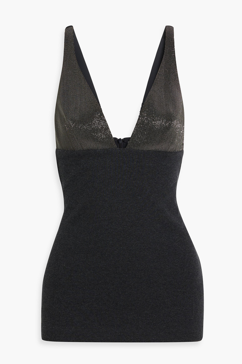 Brunello Cucinelli Bead-embellished Ribbed Cotton-blend Top In Dark Gray