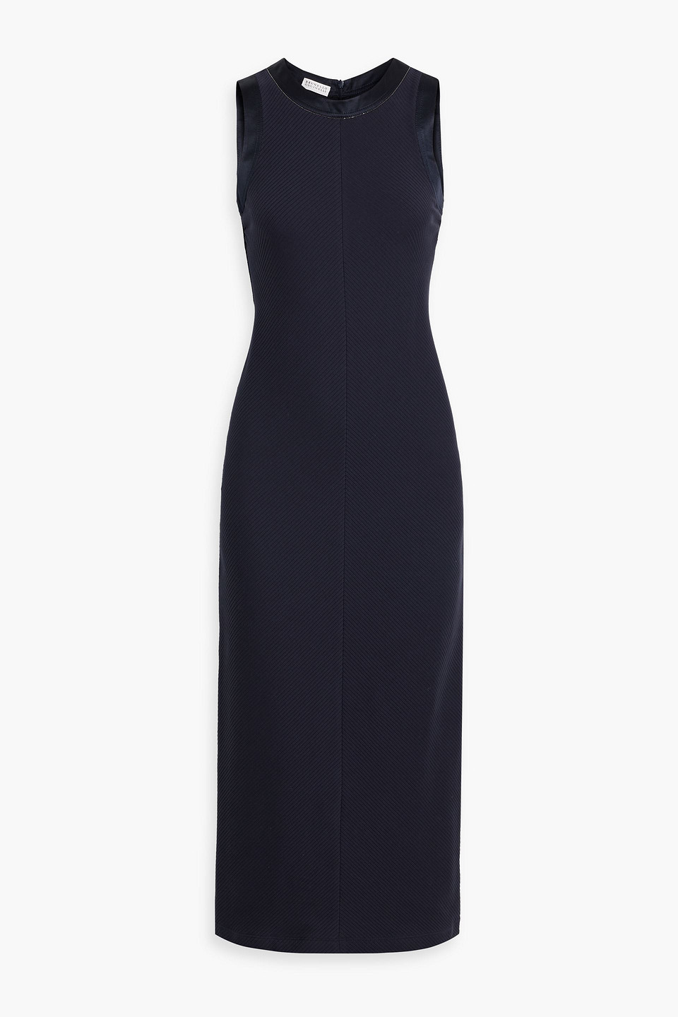 Brunello Cucinelli Bead-embellished Ribbed Cotton-blend Midi Dress In Navy