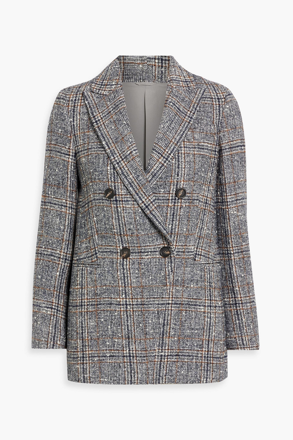 Brunello Cucinelli Double-breasted Checked Bouclé-tweed Blazer In Navy