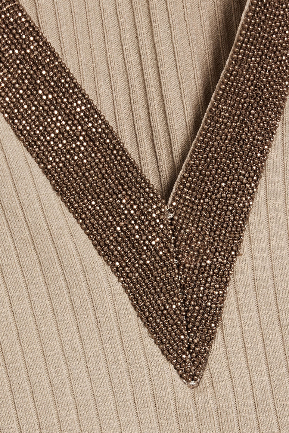 Brunello Cucinelli Bead-embellished Ribbed Cotton-blend Top In Stone