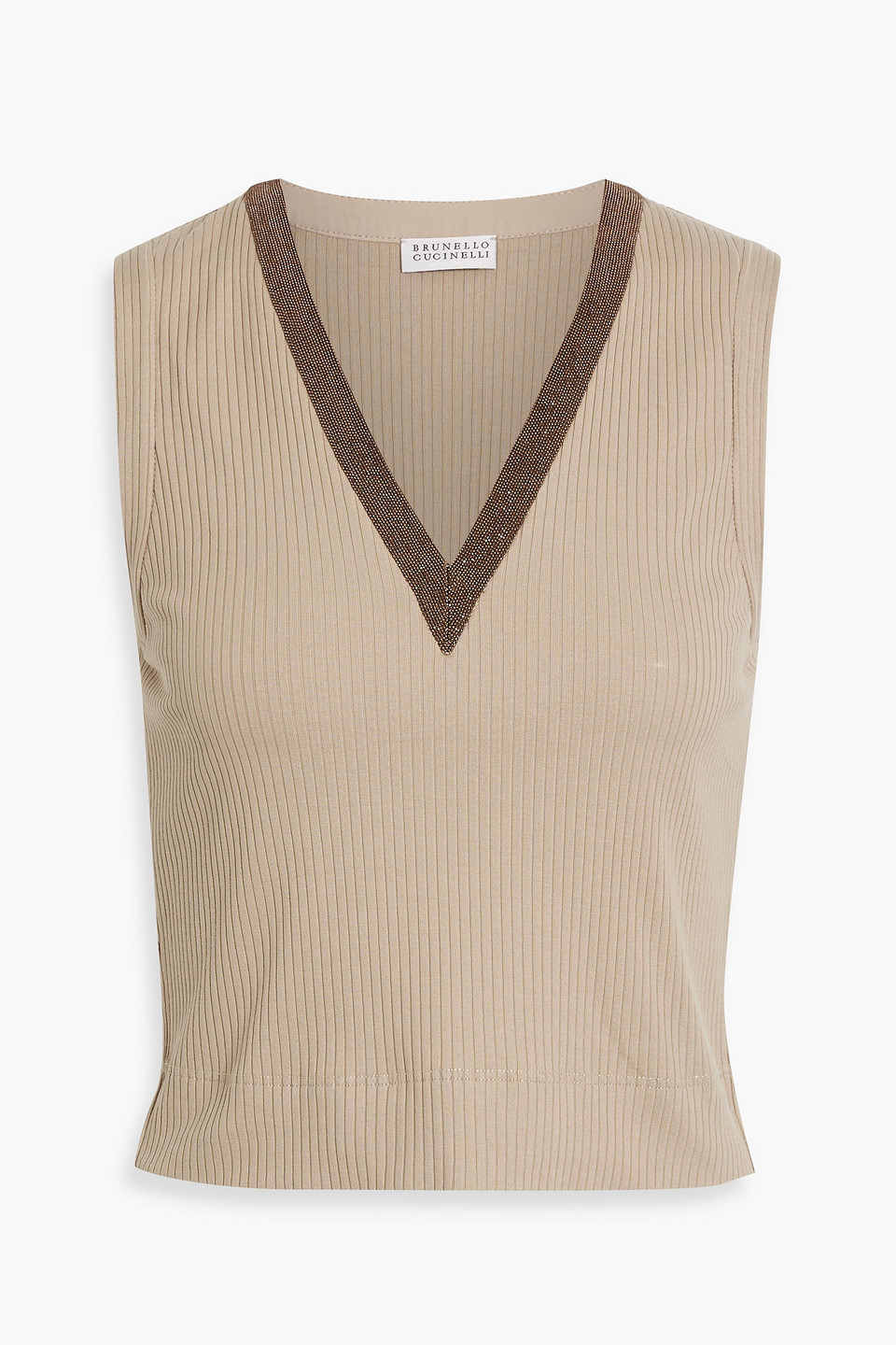 Brunello Cucinelli Bead-embellished Ribbed Cotton-blend Top In Stone