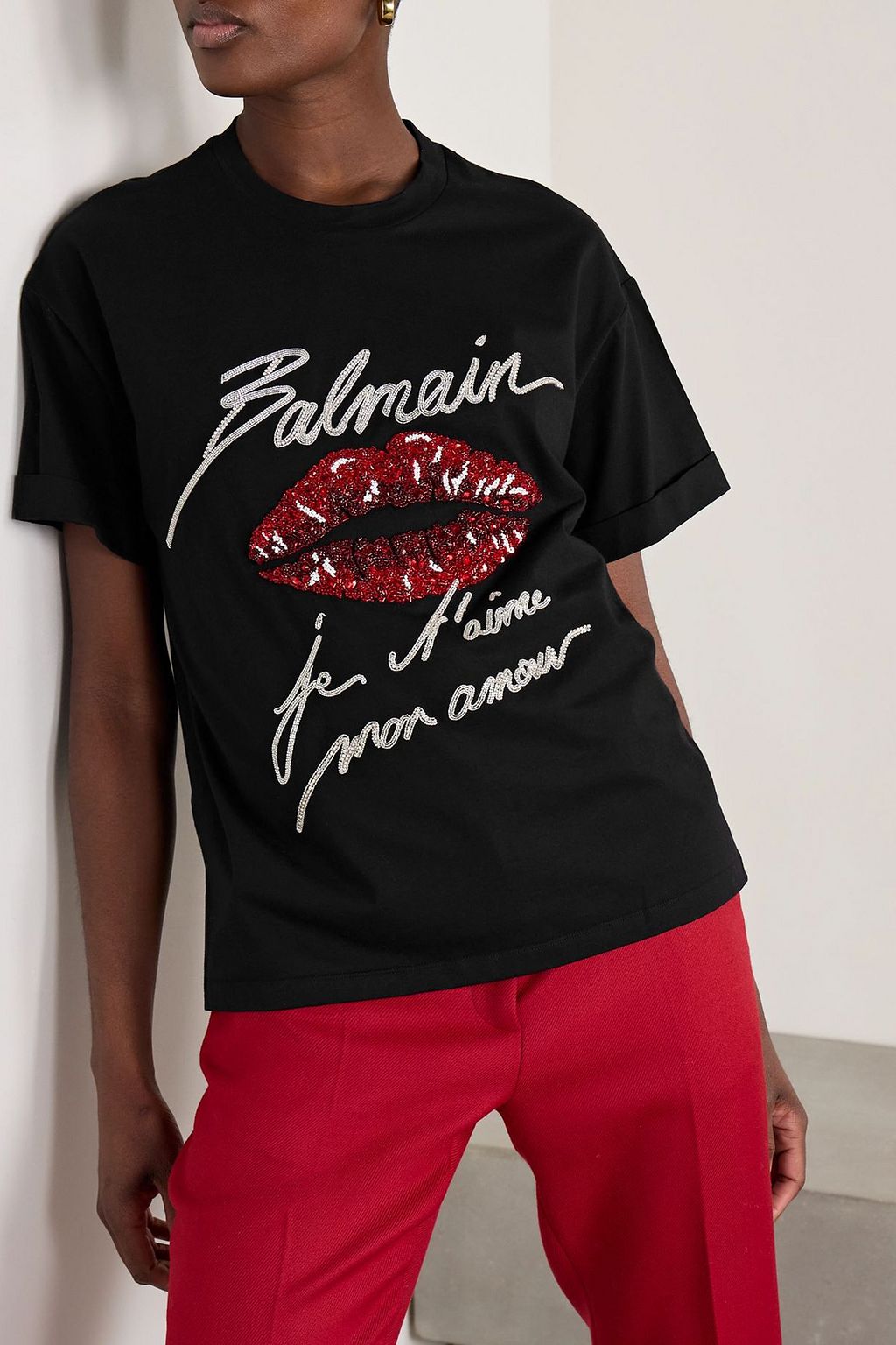 BALMAIN Embellished cotton-jersey T-shirt