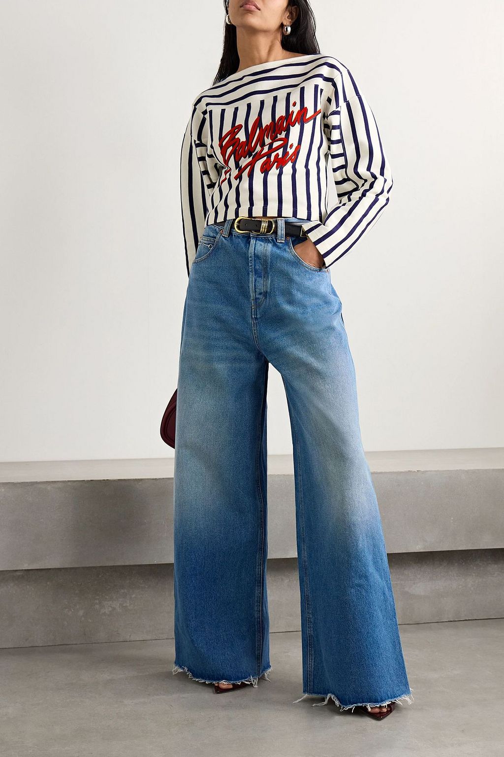 BALMAIN Flocked striped cotton-jersey top