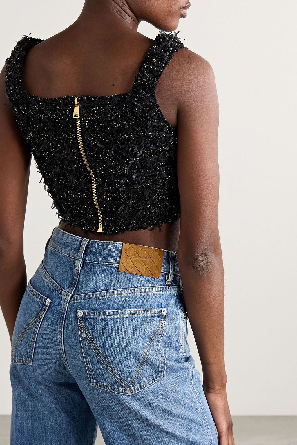 BALMAIN Cropped button-embellished sequined metallic bouclé-tweed top