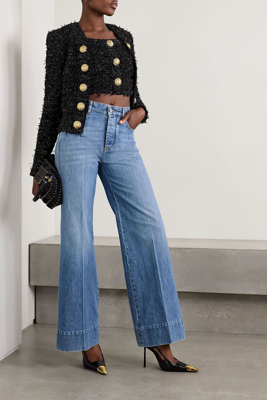 BALMAIN Cropped button-embellished sequined metallic bouclé-tweed top