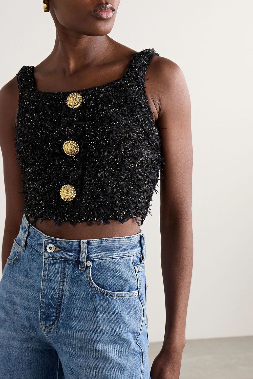 BALMAIN Cropped button-embellished sequined metallic bouclé-tweed top