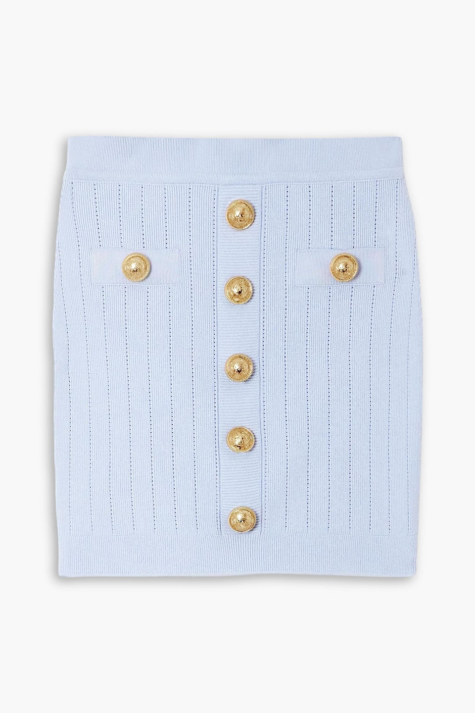 Balmain Button-embellished Ribbed-knit Mini Skirt In Blue