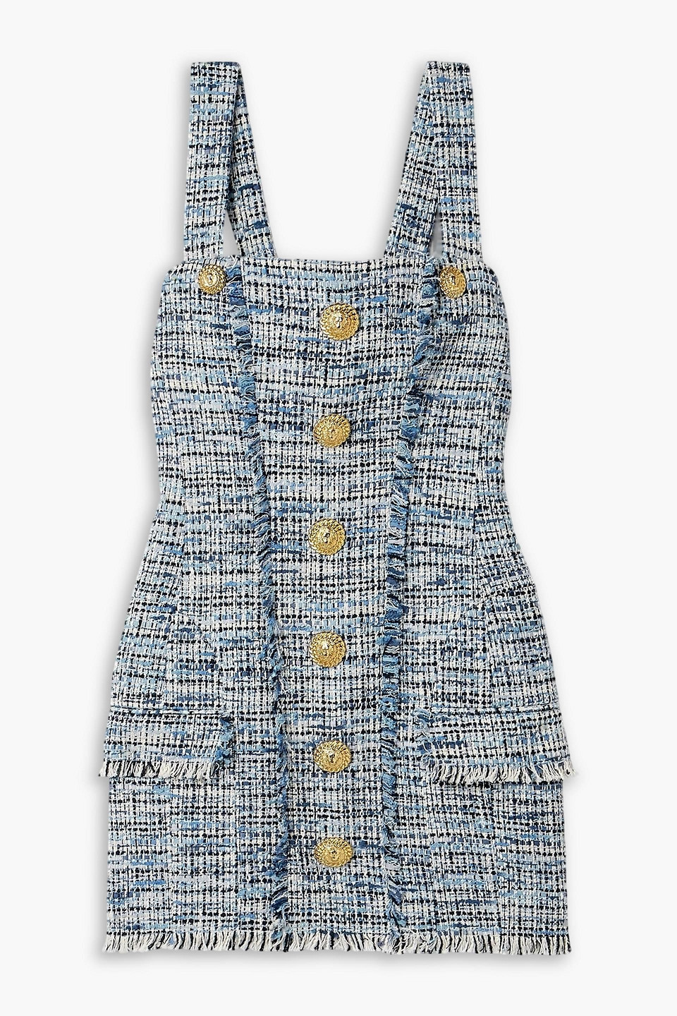 balmain - button-embellished frayed cotton-blend tweed mini dress - blue - fr 34
