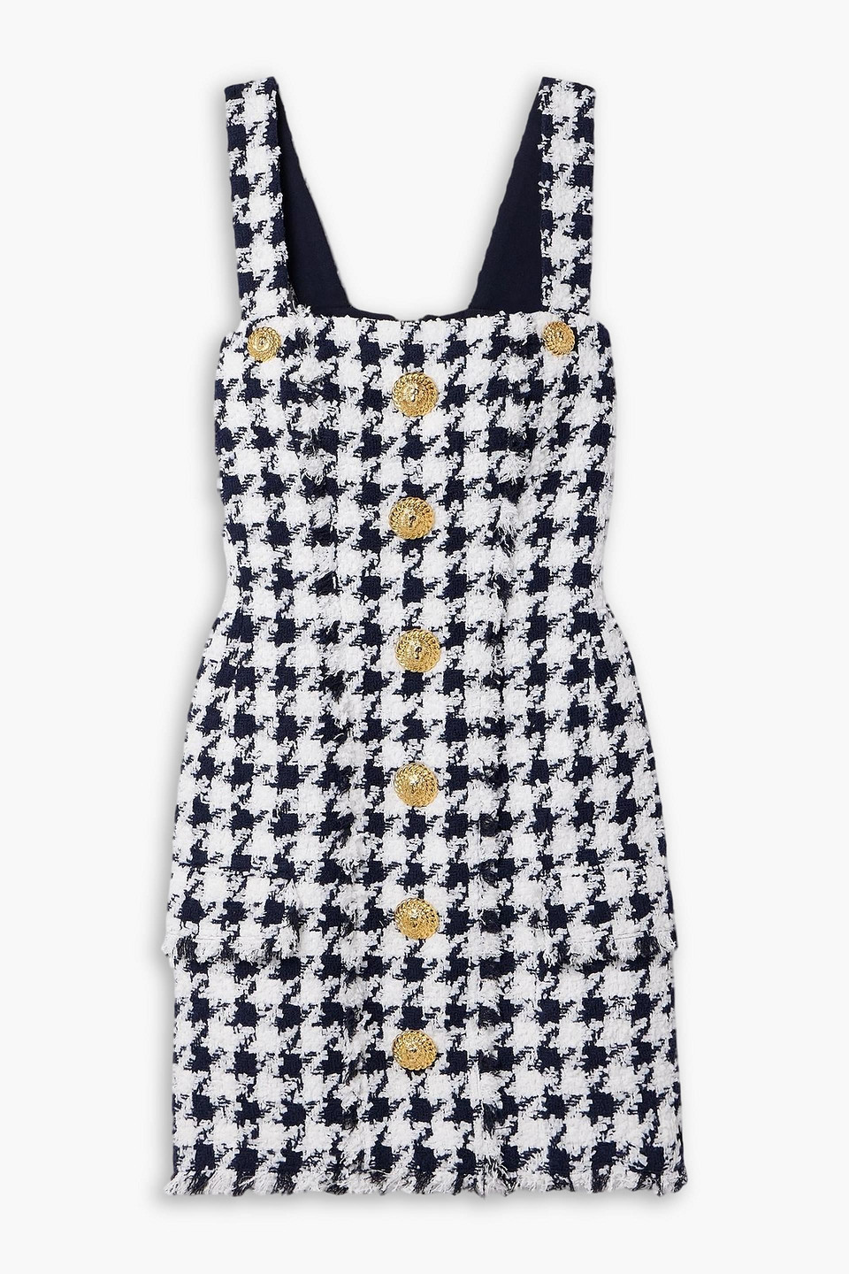 Balmain Button-embellished Frayed Tweed Mini Dress In Blue