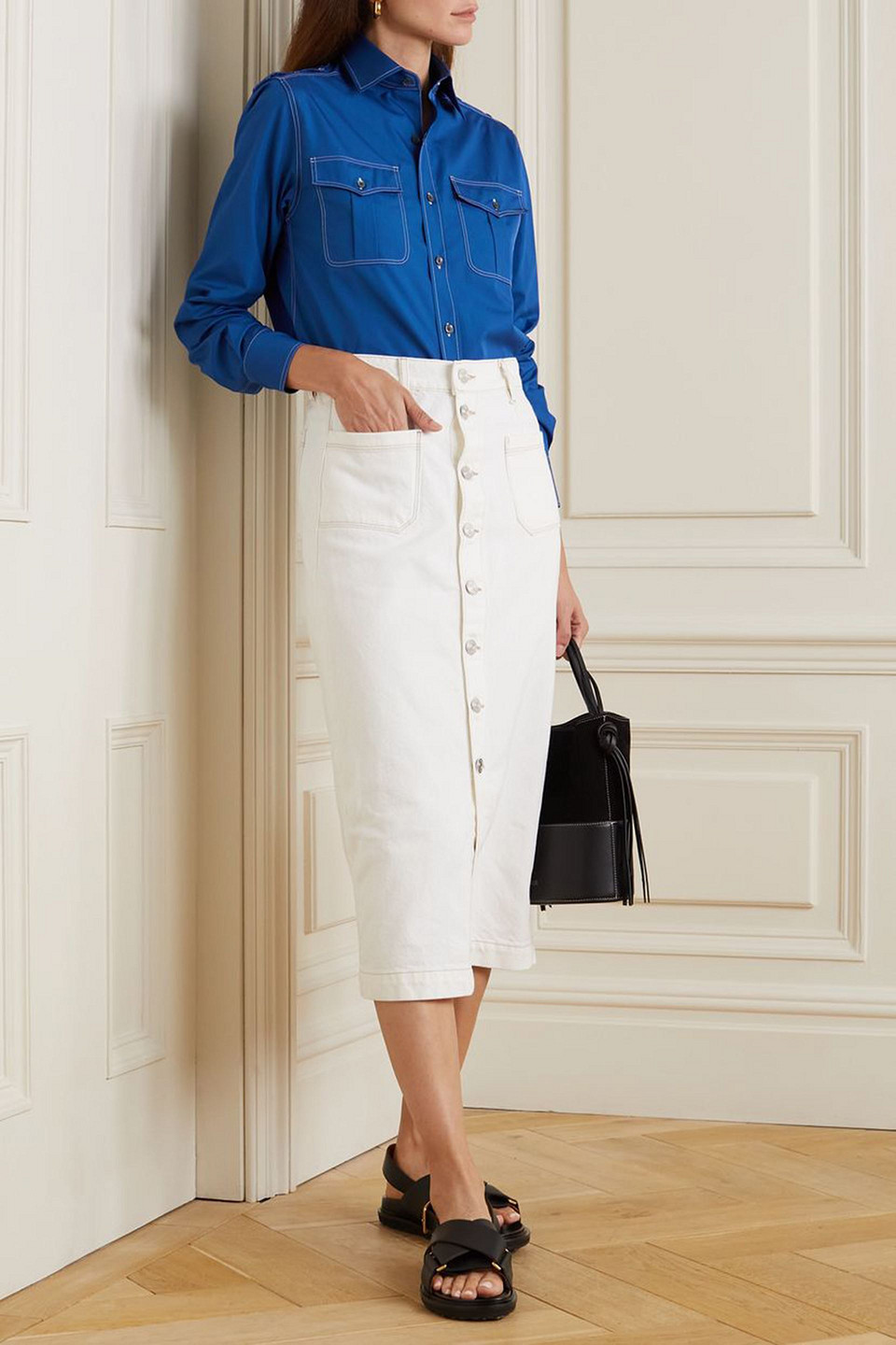 Sébline Topstitched Cotton-poplin Shirt In Blue