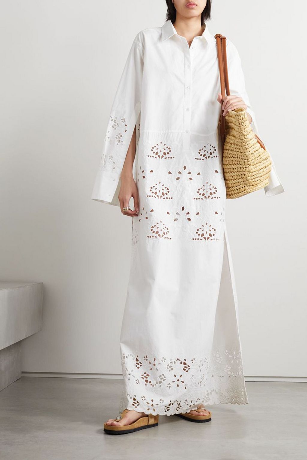 NILI LOTAN Louanne broderie anglaise-trimmed cotton-poplin maxi shirt dress