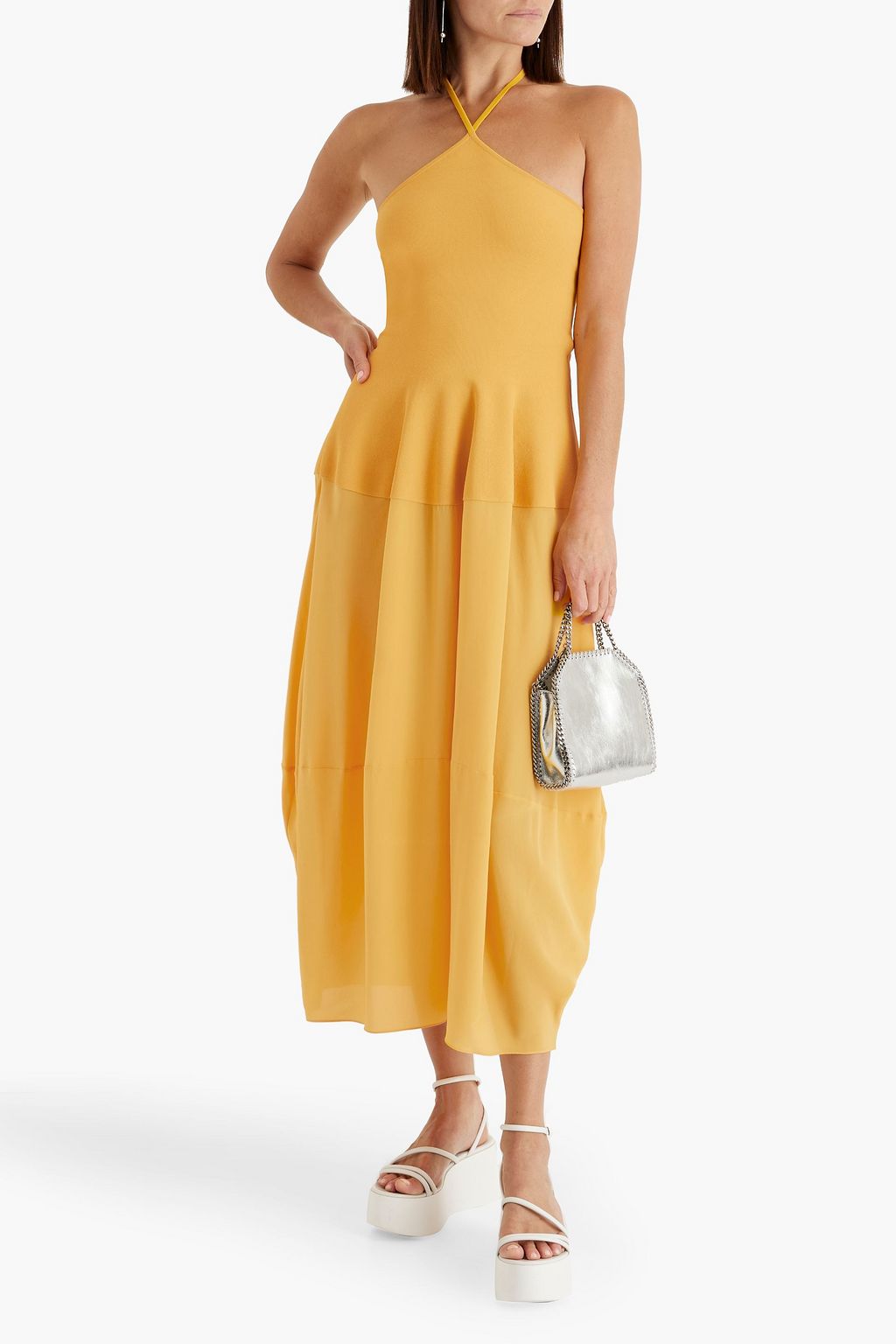 STELLA MCCARTNEY Stretch-knit and silk crepe de chine midi halterneck midi dress