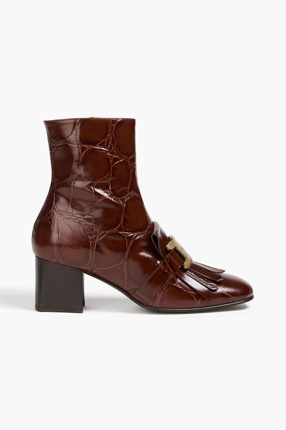 Tod's Embellished Croc-effect Leather Ankle Boots In Brown