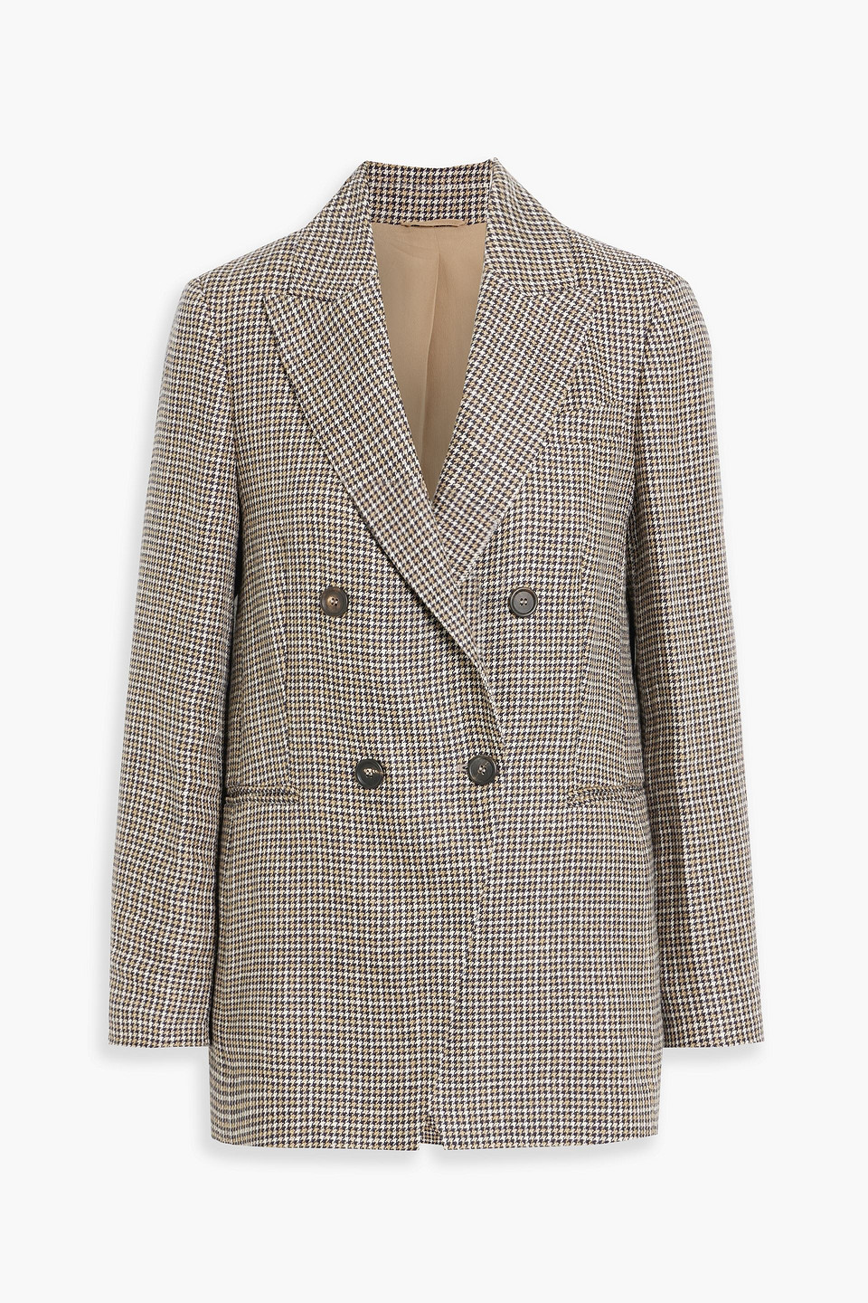 Brunello Cucinelli Double-breasted Houndstooth Linen-blend Blazer In Gold