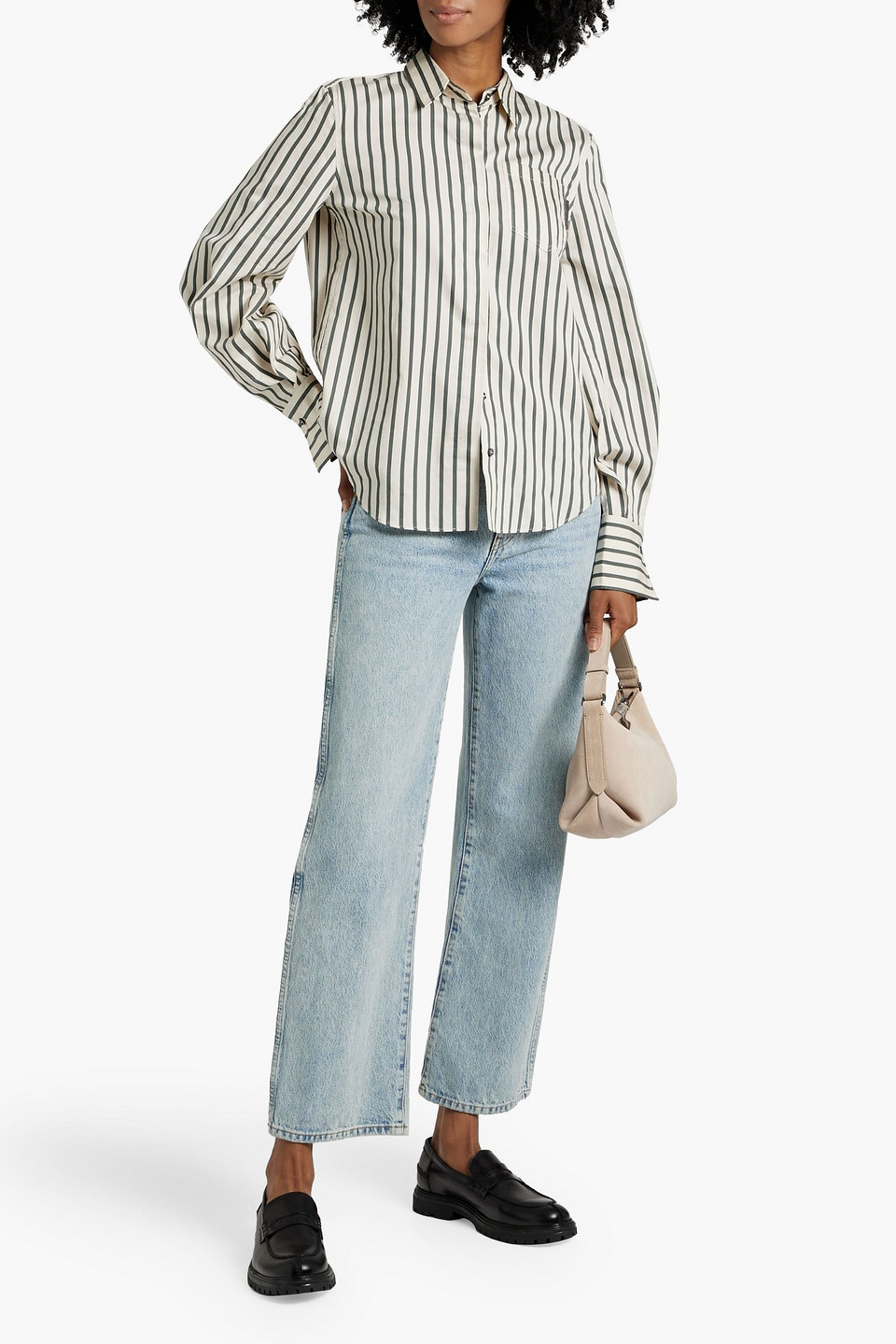 Brunello Cucinelli Oversized Embellished Striped Cotton-gauze Shirt In Ivory
